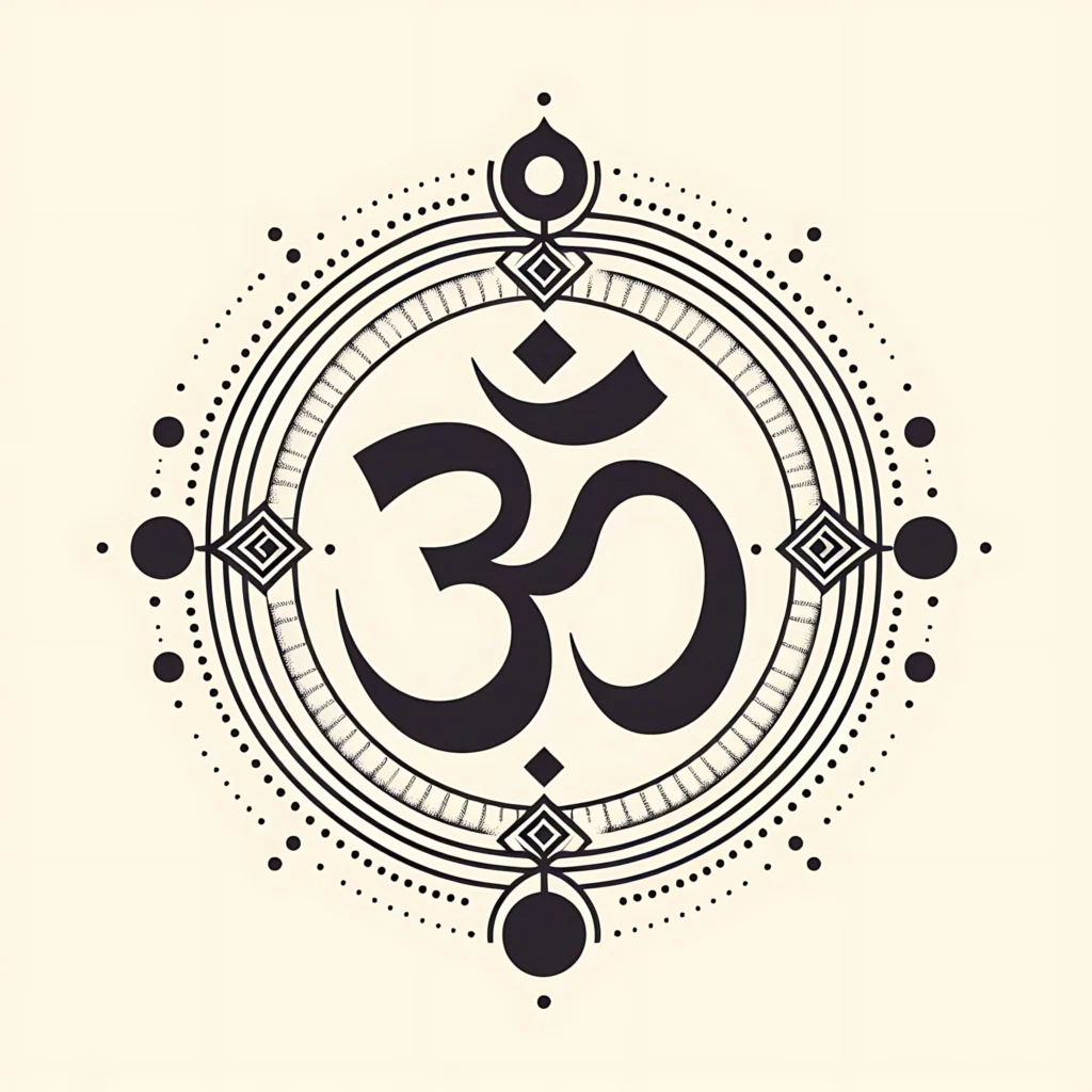 An artistic depiction of various mantras written in elegant script, surrounded by symbols of spirituality and tranquility
