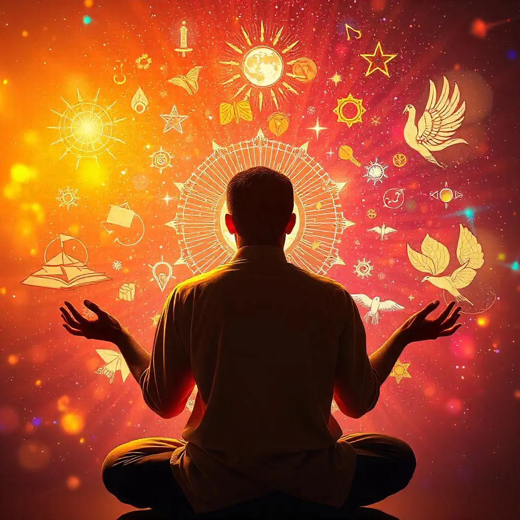 An inspirational image depicting a person visualizing their dreams, surrounded by symbols of manifestation and positivity