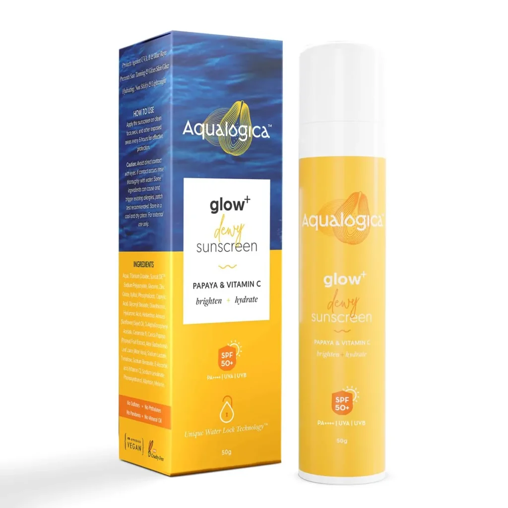 Aqualogica Glow+ Dewy Sunscreen tube with vibrant papaya and vitamin C symbols.