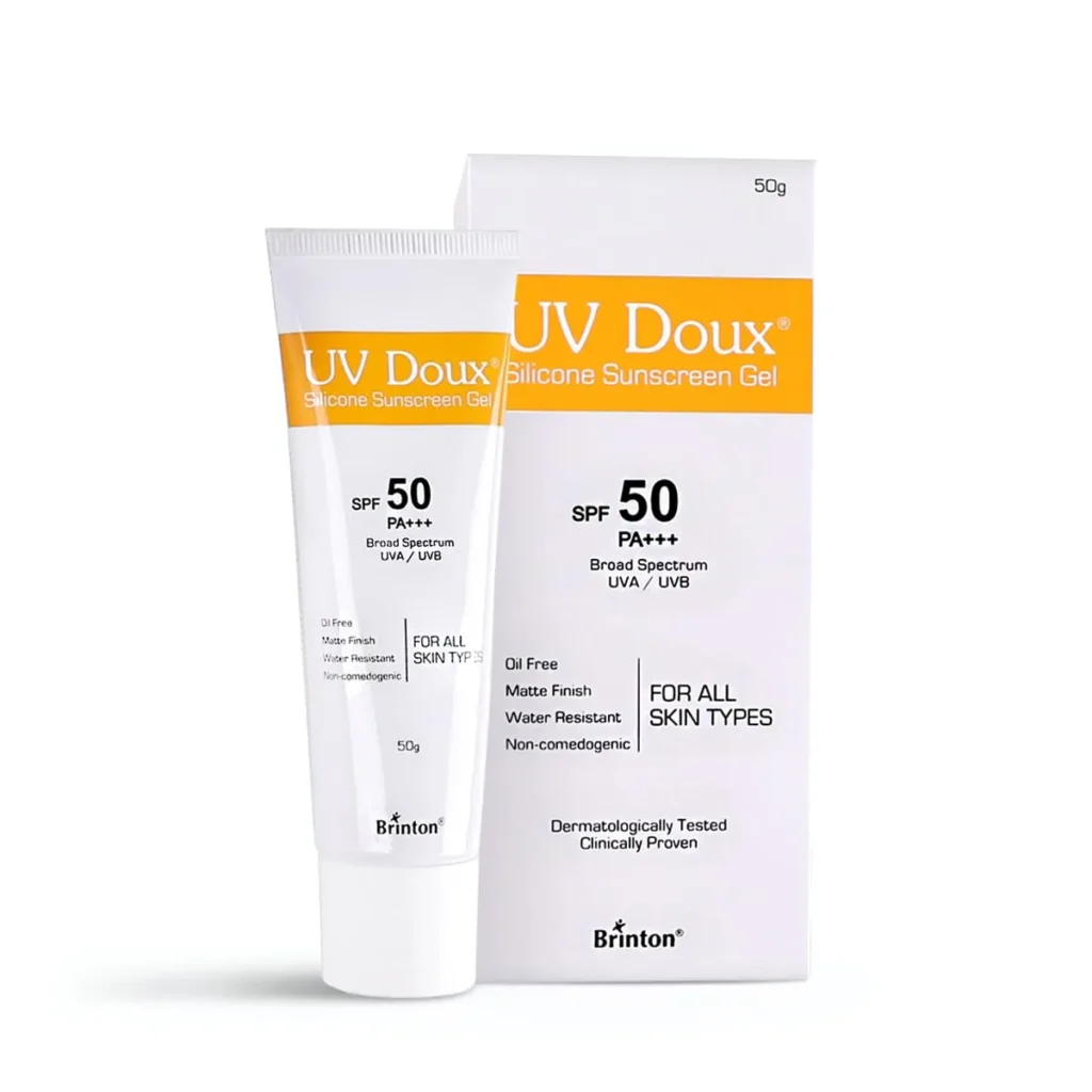 Brinton UV Doux Face & Body Sunscreen Gel tube placed on a wooden table.