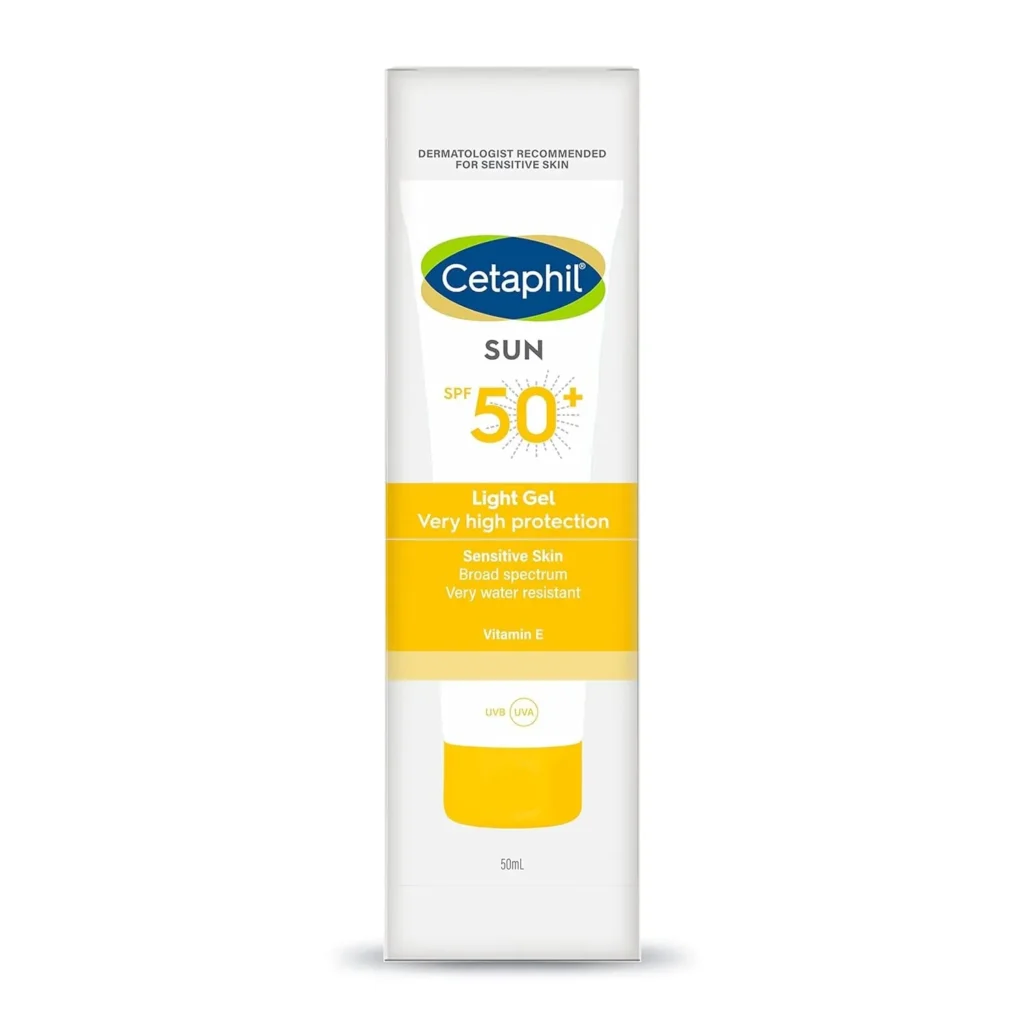 Cetaphil Combination Skin Sunscreen bottle with water droplets in the background.