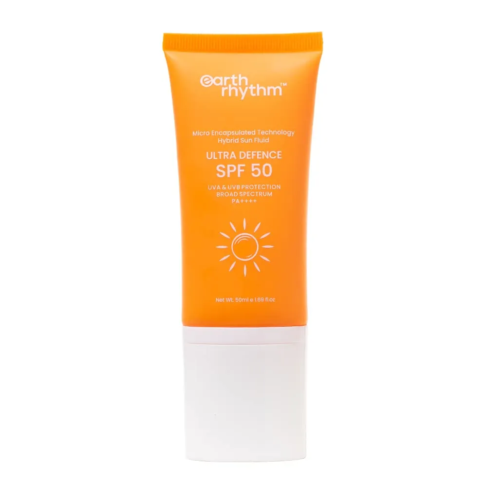 Earth Rhythm Ultra Defence Hybrid Sunscreen bottle with eco-friendly icons.