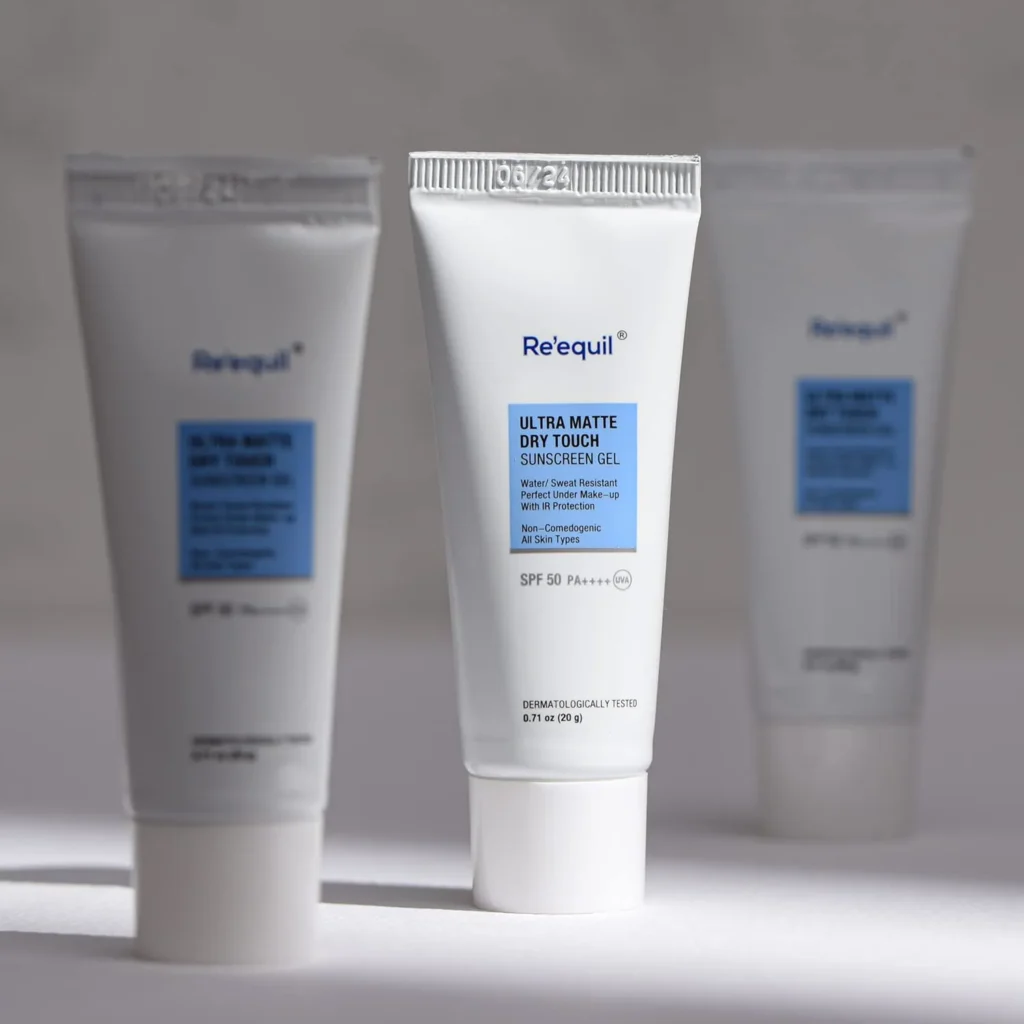 Re' Equil Ultra Matte Dry Touch Sunscreen Gel bottle on a clean surface.