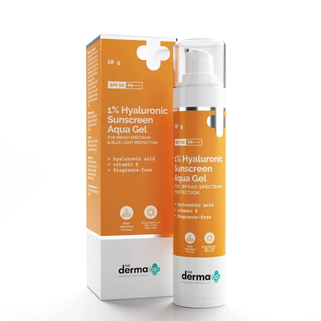 The Derma Co Hyaluronic Sunscreen Aqua Ultra Light Gel tube on a reflective surface