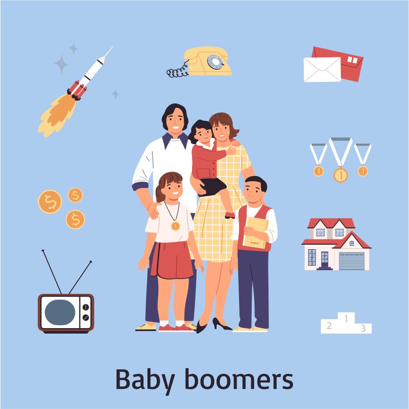Baby Boomers celebrating post-World War II prosperity and leading cultural revolutions