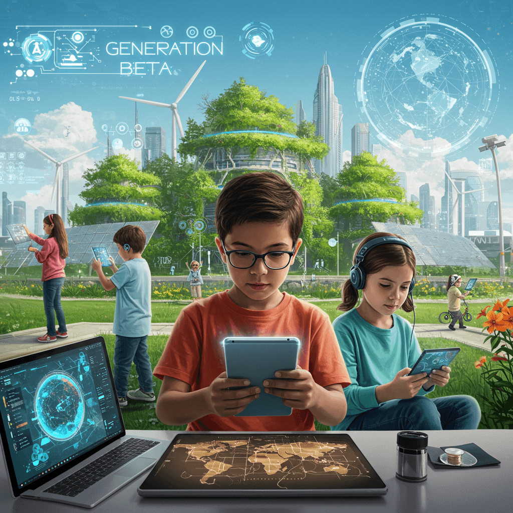 Representation of Generation Beta, born between 2025 and 2039, focusing on futuristic technology, artificial intelligence, and global connectivity