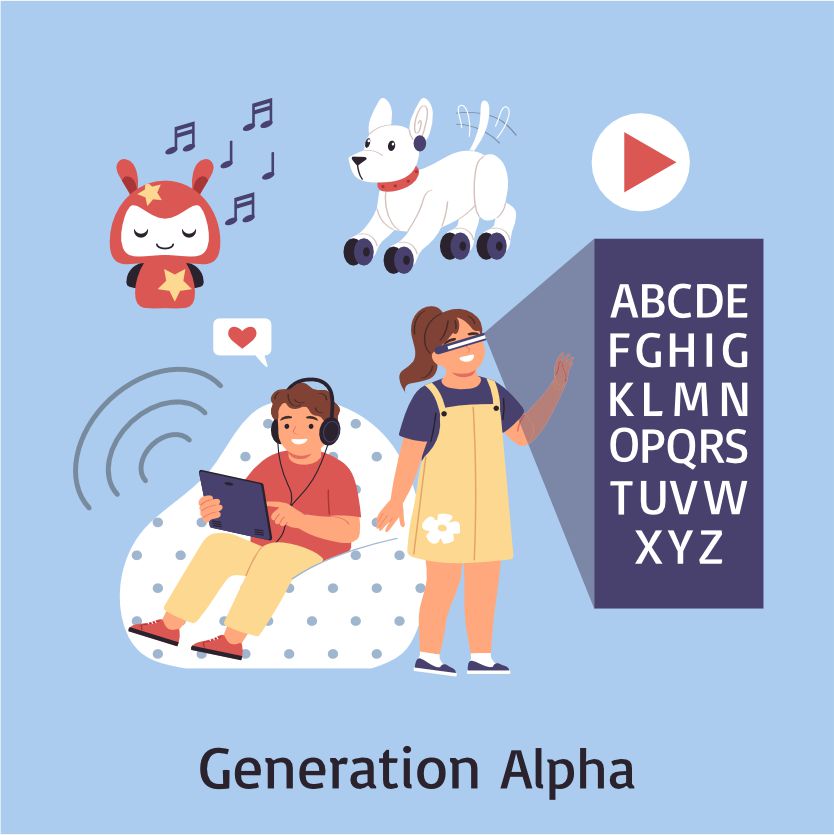 Representation of Generation Alpha, born between 2010 and 2024, highlighting technology, innovation, and future-focused learning