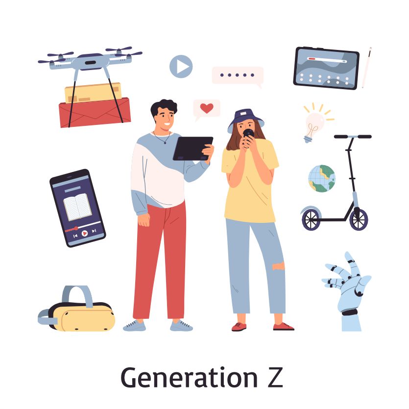 Representation of Generation Z, born between 1997 and 2010, showcasing youth, technology, and diverse culture