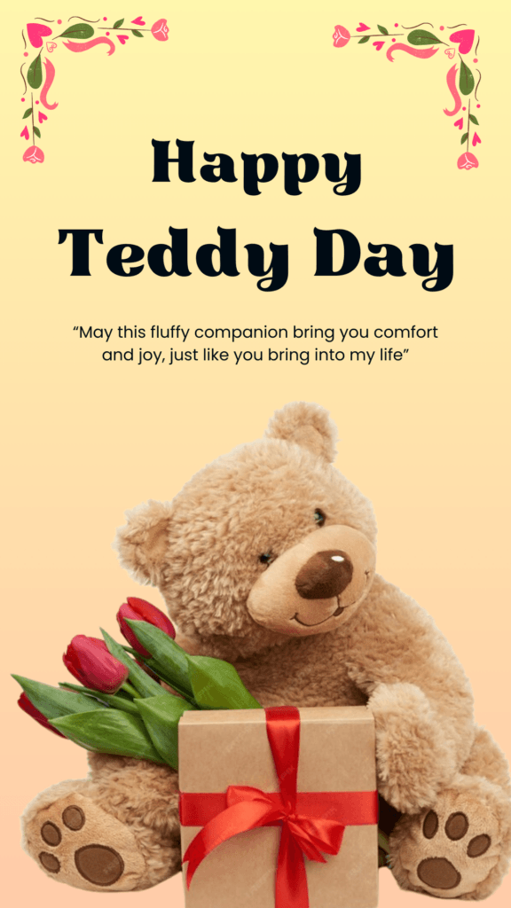A brown teddy bear holding a single red rose on a romantic background.