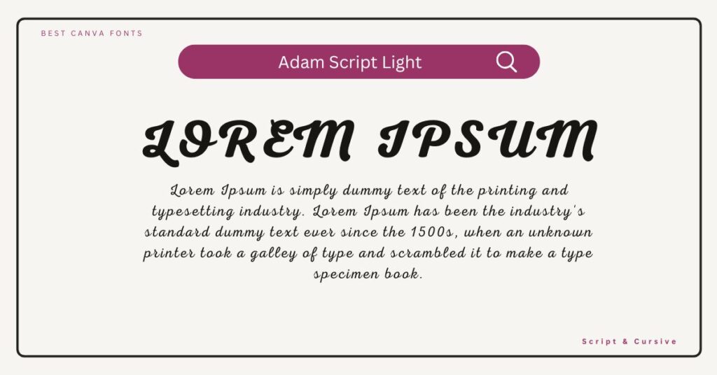 Adam Script Light Font sample showcasing elegant, delicate, and flowing cursive typography.