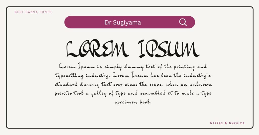 Dr Sugiyama Font sample showcasing elegant, vintage-inspired, and decorative cursive typography