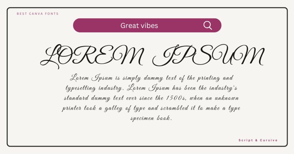 Great Vibes Font sample featuring elegant, flowing, and decorative cursive typography