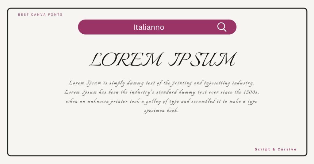 Italianno Font sample featuring elegant, smooth, and flowing cursive typography