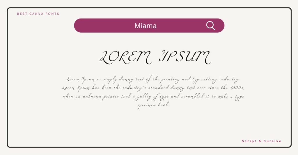 Miama Font sample featuring modern, elegant, and flowing cursive typography