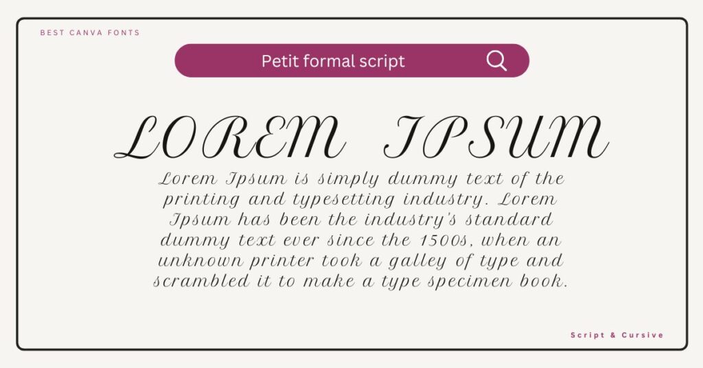 Petit Formal Script Font sample showcasing elegant, formal, and well-structured cursive typography